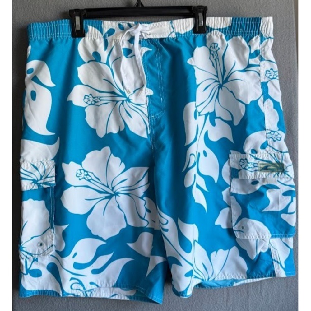 Ocean Blue Basix Of America Short Trunks Men XL Blue Floral Drawstring swim Surf
